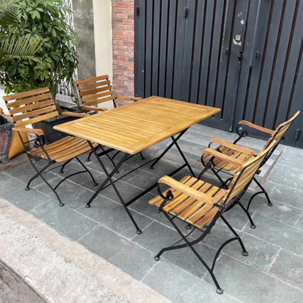 Bộ bàn ăn uống, café xếp gọn 2-4 ghế ngoài trời IBIE Reford mặt gỗ chữ nhật, chân sắt sơn tĩnh điện