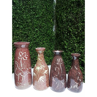 Bình gốm men nâu vẽ tay