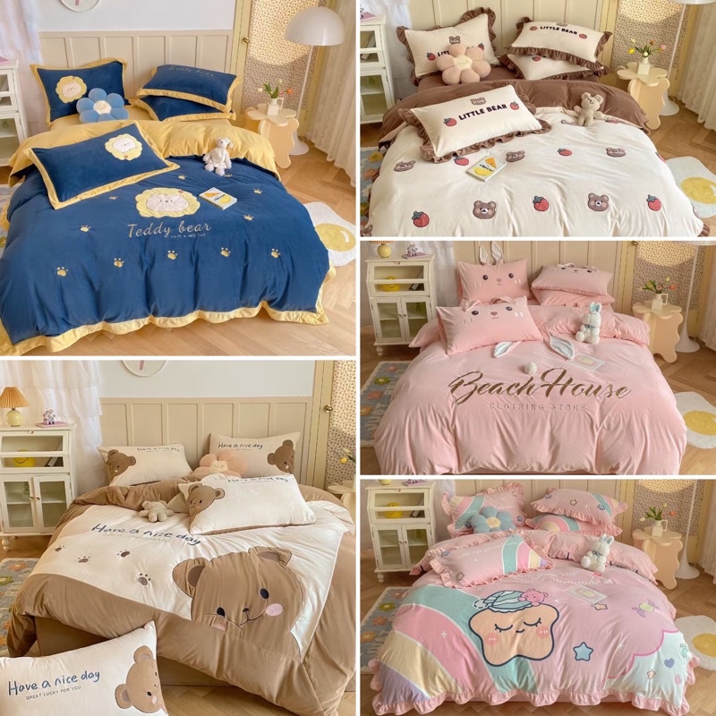 Bộ Nỉ nhung thêu chăn ga gối 4 món siêu cute đáng yêu mẫu Hót trend thu đông 2021