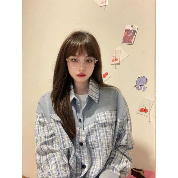 Áo khoác dạ sơ mi kẻ xanh có túi oder taobao