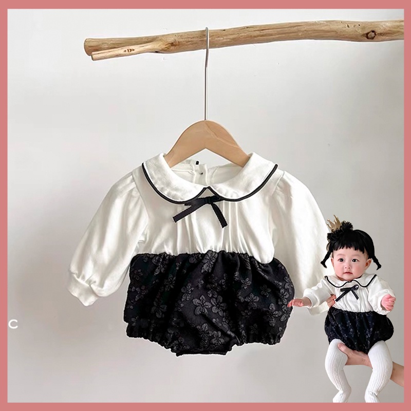 Bộ Áo Liền Quần Tay Dài Cổ Thắt Nơ Chất Liệu Cotton Phong Cách Anh Quốc Dễ Thương Cho Bé Sơ Sinh