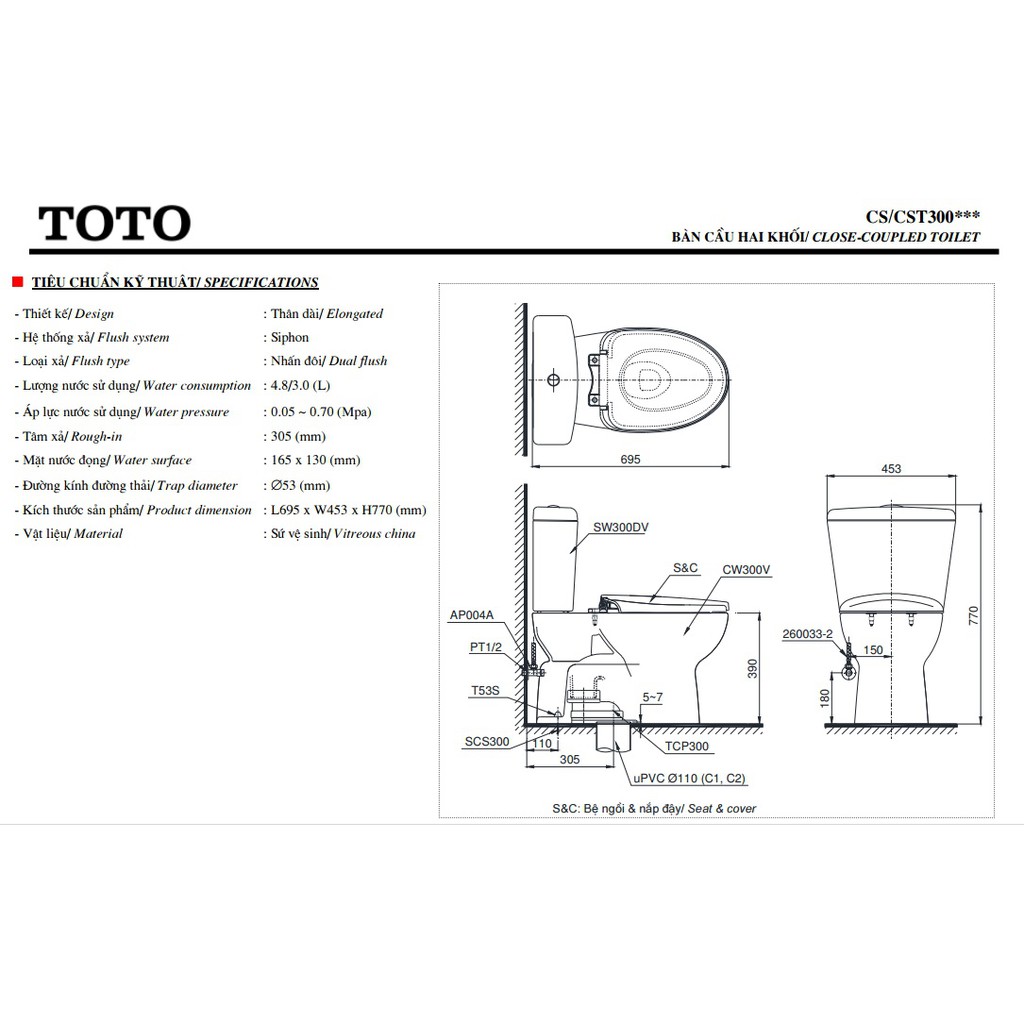 Bàn cầu cao cấp TOTO CS300DTY1 nắp rơi êm, bồn cầu cao cấp, bảo hành chính hãng 10 năm