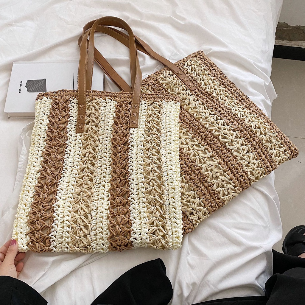 Túi cói Tote vuông Vintage dây da - sọc dọc pha màu (mẫu mới)