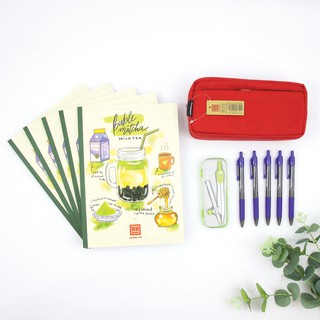 [TẶNG SỔ FLASH CARD ECO] Combo "Chăm chỉ" - 5 Vở kẻ ngang Hồng Hà 120tr + Compa + Bút semi Gel + Túi bút vải ECO