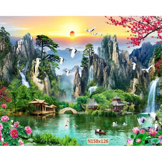 Tranh dán tường 3D sơn thủy hữu tình chất liệu vải lụa cao cấp UV phủ bóng kt cao 105cm x 155cm