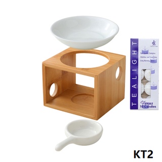 Đèn đốt nến xông tinh dầu bằng tre kèm khay đốt nến KT2