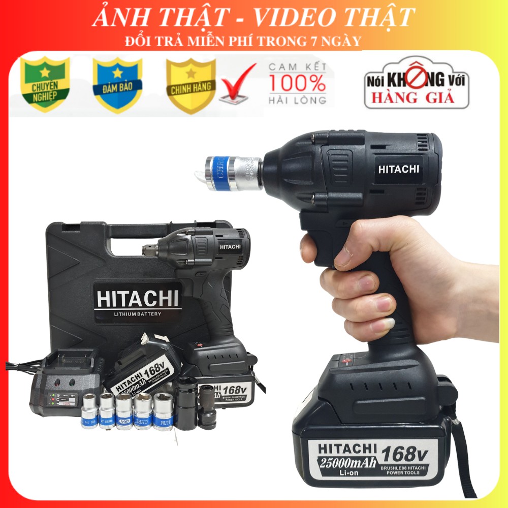 Siết bulong Hitachi 168V không chổi than - Máy bắn vít 2 PIN khủng 10 Cell - Tặng Bộ 6 khẩu cao cấp