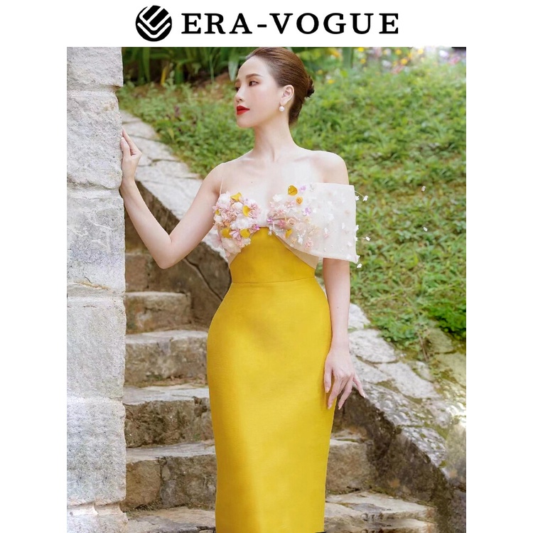 EraVogue đầm dự tiệc sang trọng Thiết kế việt nam ba chiều mới địu hoa Cổ áo một chữ váy màu vàng váy dự tiệc đám cưới Y1054