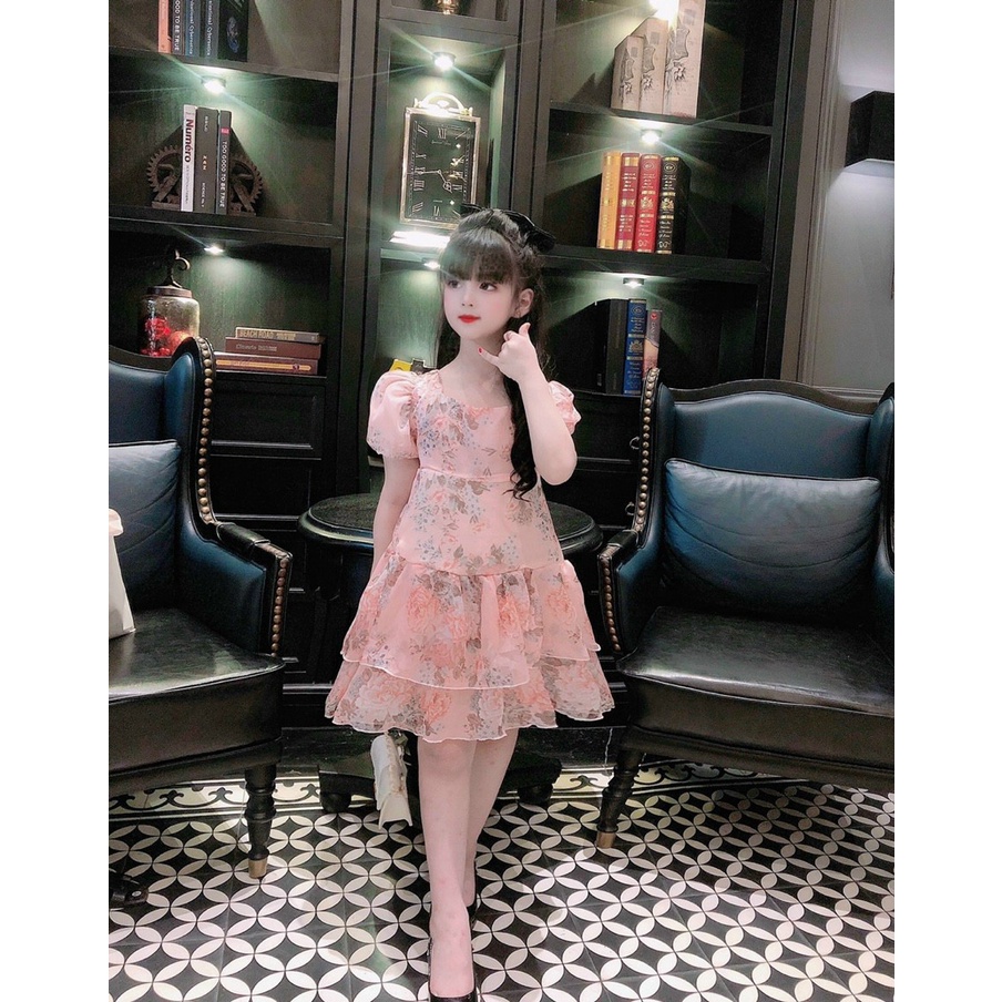 Đầm cho bé gái sang chảnh tiểu thư từ 10kg đến 40kg - Đầm bé gái tay bồng phối nơ lưng thiết kế cao cấp hot trend 2022