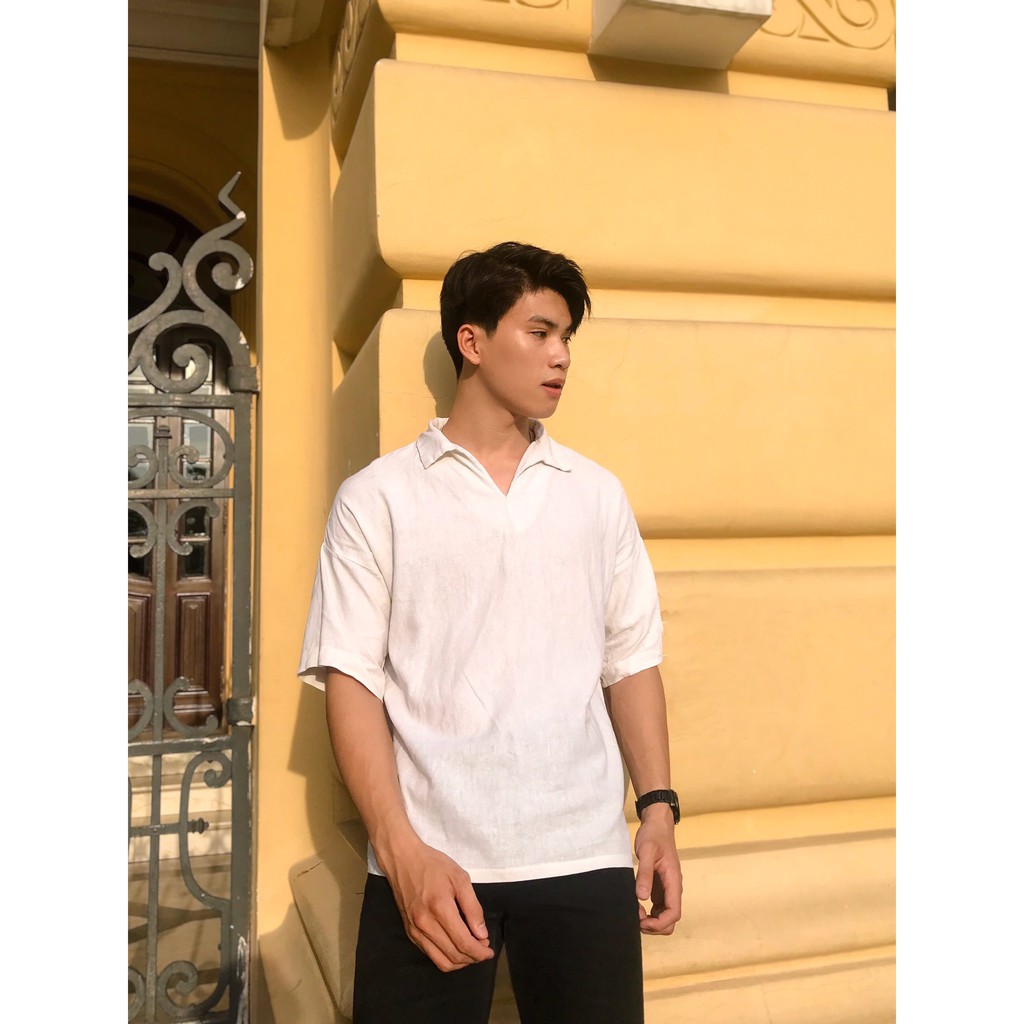 Áo polo nam form hàn quốc. chất liệu linen, màu trắng vintage