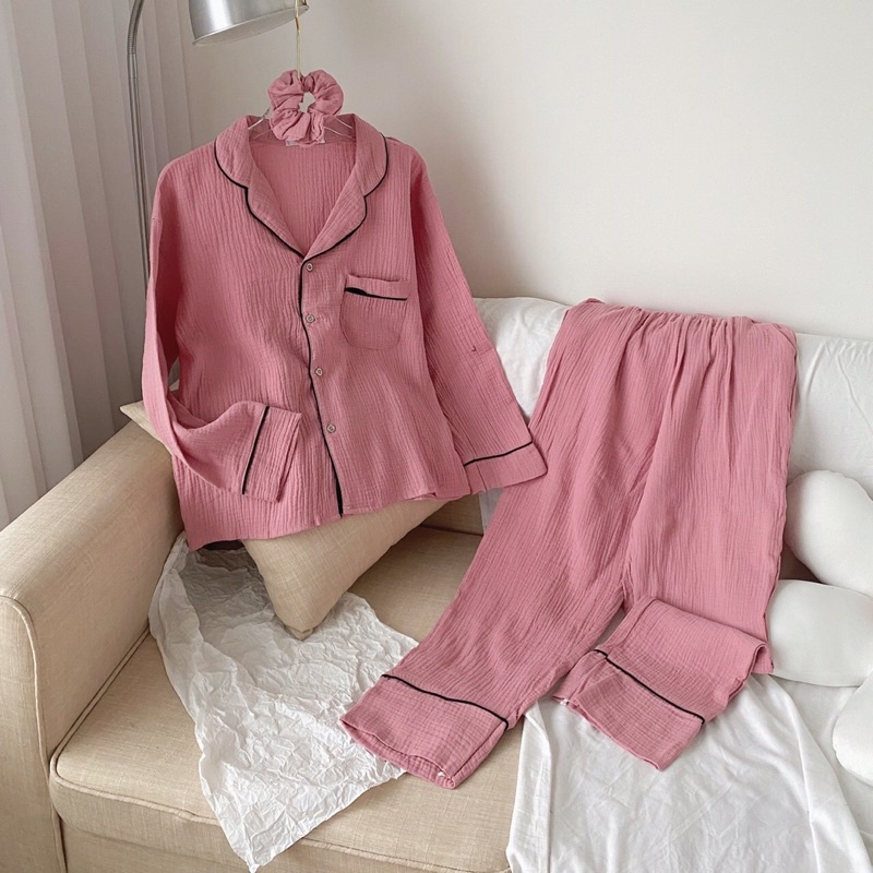 Bộ Ngủ Đũi Xô Trơn Kèm Scrunchie