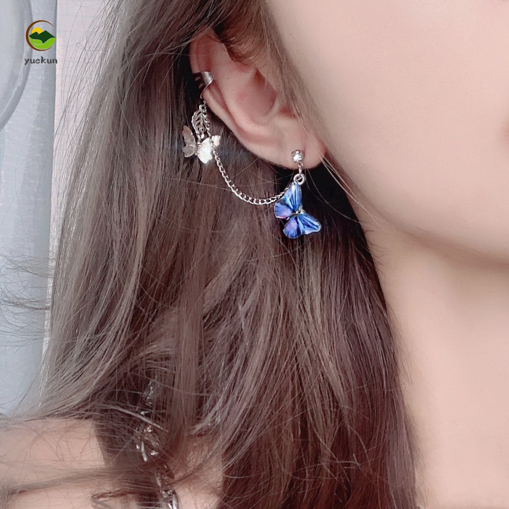 Khuyên tai mặt hình bươm bướm ba chiều kết hợp với vòng móc và dây mắt xích tua rua thời trang cho nữ