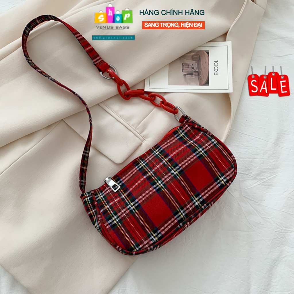 Túi đeo chéo, túi xách nữ mini Hàn Quốc chất liệu vải canvas kẻ sọc, 3 màu xanh, tím, đỏ giá rẻ Venus Bags-TTN26