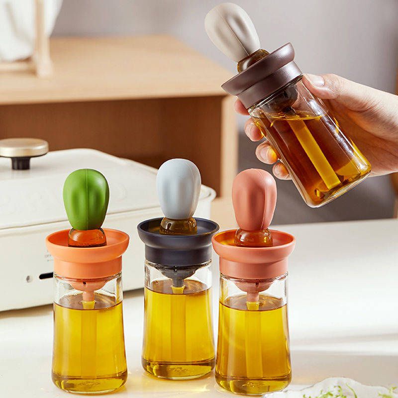 Lọ đựng dầu ăn thủy tinh 2 IN 1, kèm cọ quét silicon chịu nhiệt