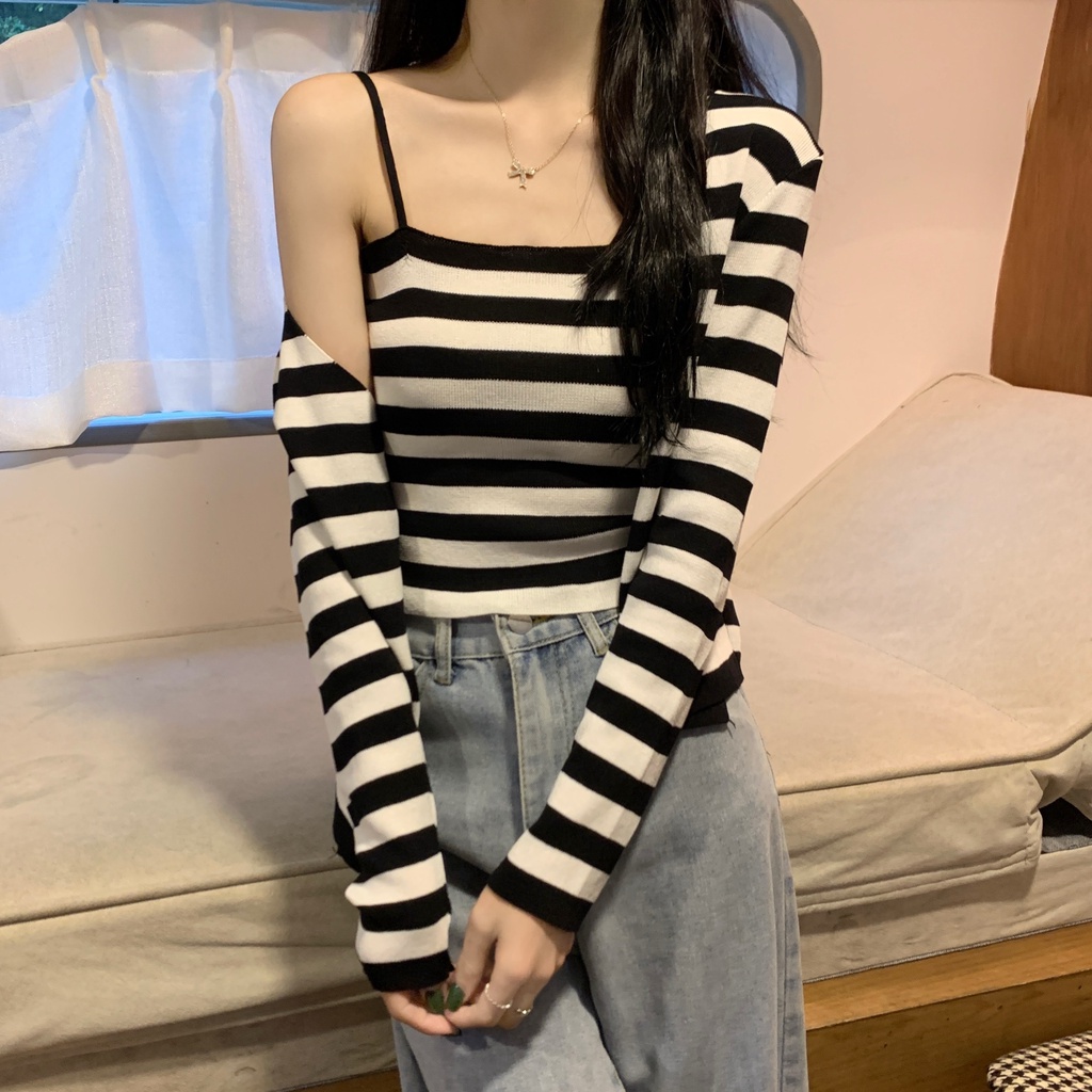 Set 2 món ZHELIHANGFEI áo hai dây + áo khoác cardigan họa tiết kẻ sọc thời trang