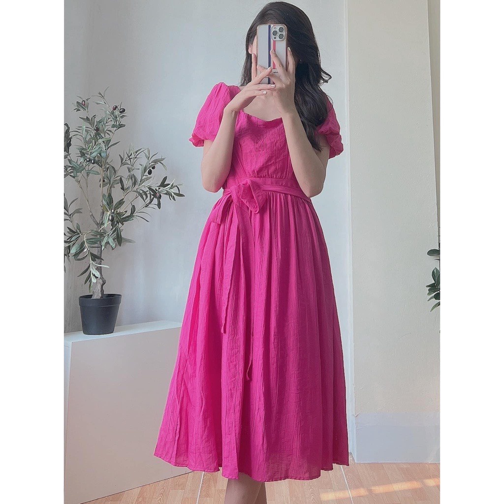 Đầm babydoll cổ vuông dáng dài, Váy đũi xước tay bồng nơ lưng 4 màu siêu hot MSP78246 | BigBuy360 - bigbuy360.vn