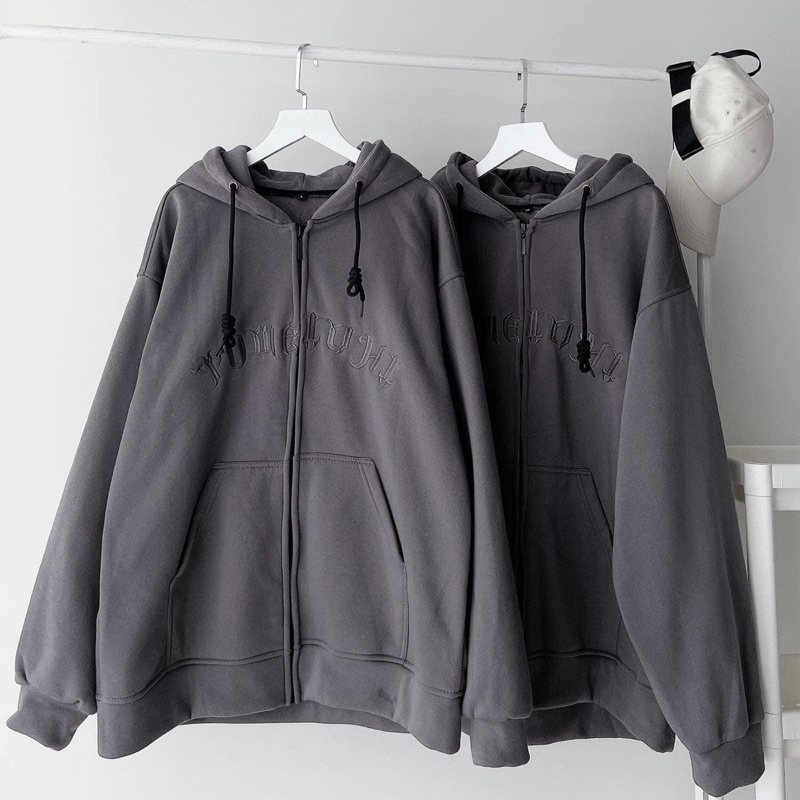 [sẵn] Áo Khoác Dây Kéo Form Rộng Ulzzang Chữ Thêu TOME XÁM CHUỘT/ĐEN 2t clothes