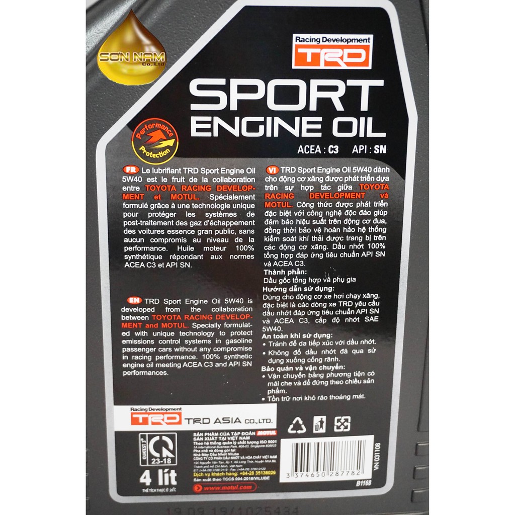 Dầu nhớt motul TRD ô tô Sport engine oil 5W40 API SN cao cấp cực bốc tổng hợp máy xăng 4L