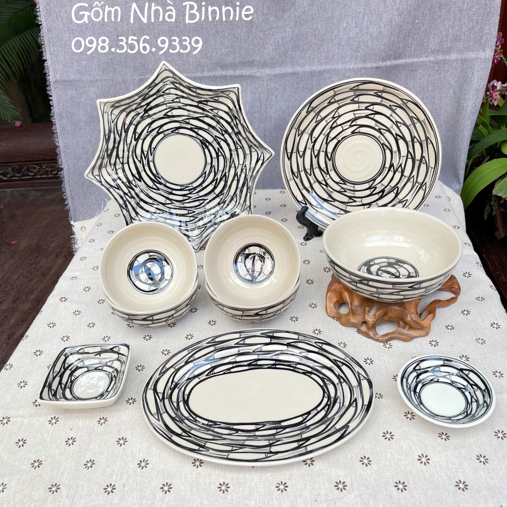 Bộ Bát Đĩa sứ Bát Tràng vẽ đàn cá - Set gia đình nhỏ 10 món