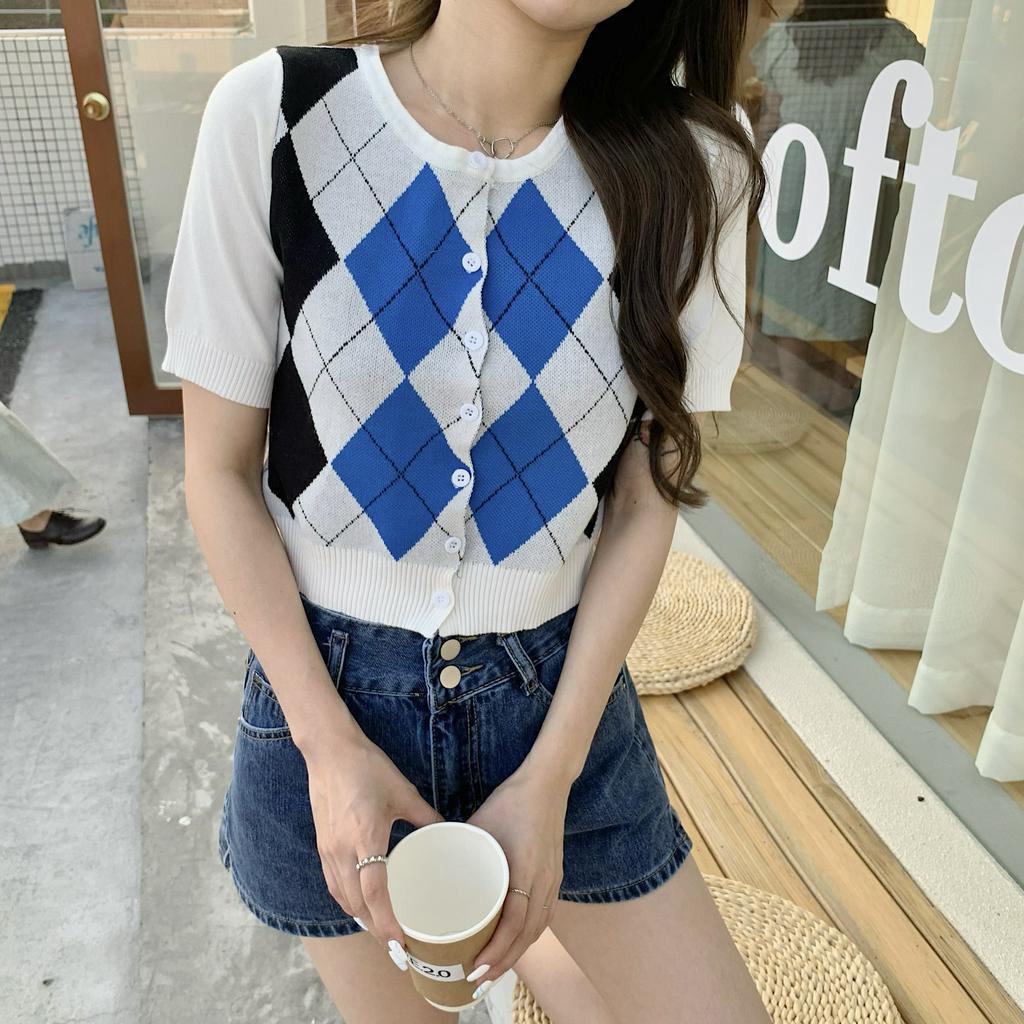 Áo lửng tay ngắn in họa tiết caro phong cách quyến rũ cho nữ