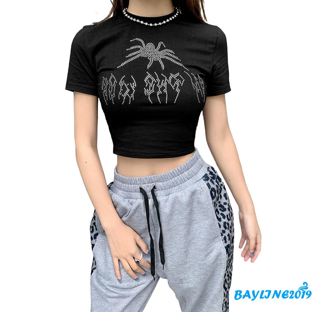 Áo Thun Ngắn Tay Dáng Ôm Hở Rốn Họa Tiết Nhện Đính Đá Thời Trang Cho Nữ