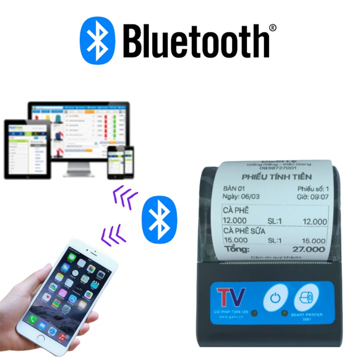 Máy in bill bluetooth cầm tay mini in Viettel Pay Pro, KiotViet - Tặng 5 cuộn giấy