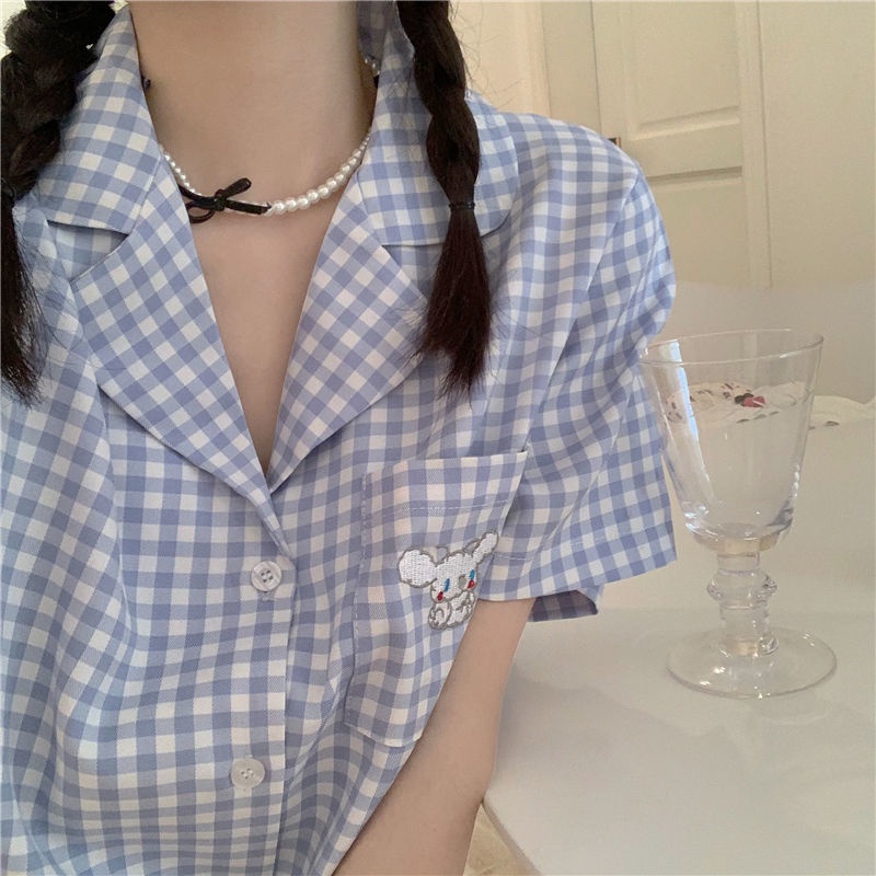 Bộ Đồ Ngủ Tay Ngắn Họa Tiết Sọc Caro In Hình Gấu Dễ Thương Phong Cách Nhật Bản Thời Trang Mùa Hè Cho Nữ | BigBuy360 - bigbuy360.vn