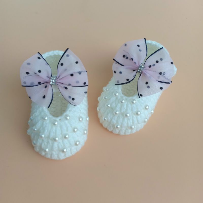 Giày len đính ngọc có gắn nơ cho bé gái có dán đế và không dán Đế cho bé gái từ 0-18 tháng