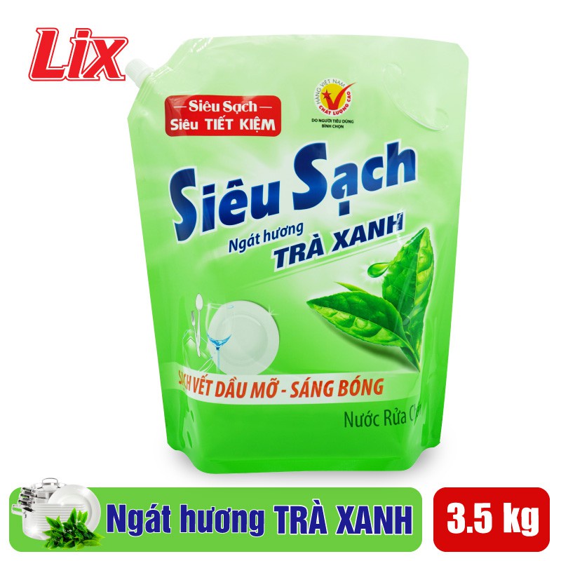 Nước rửa chén LIX 3.5KG siêu sạch hương trà xanh loại túi N8101 làm sạch vết bẩn dầu mỡ không hại da tay