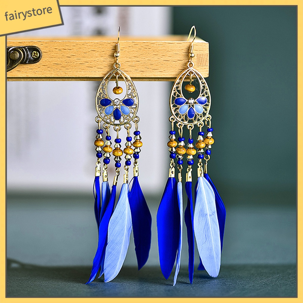 1 Đôi Bông Tai Dáng Dài Phối Lông Vũ Phong Cách Bohemian Thời Trang