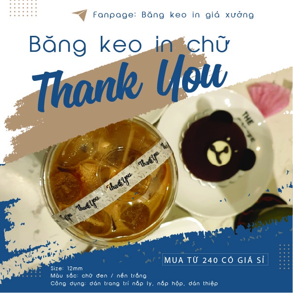 Băng keo THANK YOU dán ly cafe - nắp hộp (rộng: 1.2cm - 1,5cm)