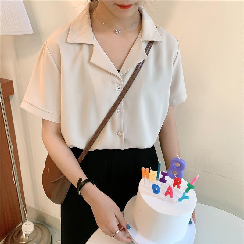 Áo sơ mi tay ngắn cổ vest màu be vintage ulzzang kèm video ảnh thật shop chụp