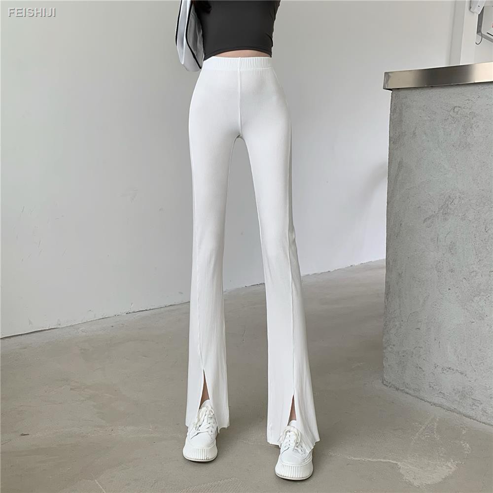 ◑2021 summer new style fashion all-match high waist drape front slit micro flared thin wide-leg trousers women s trend