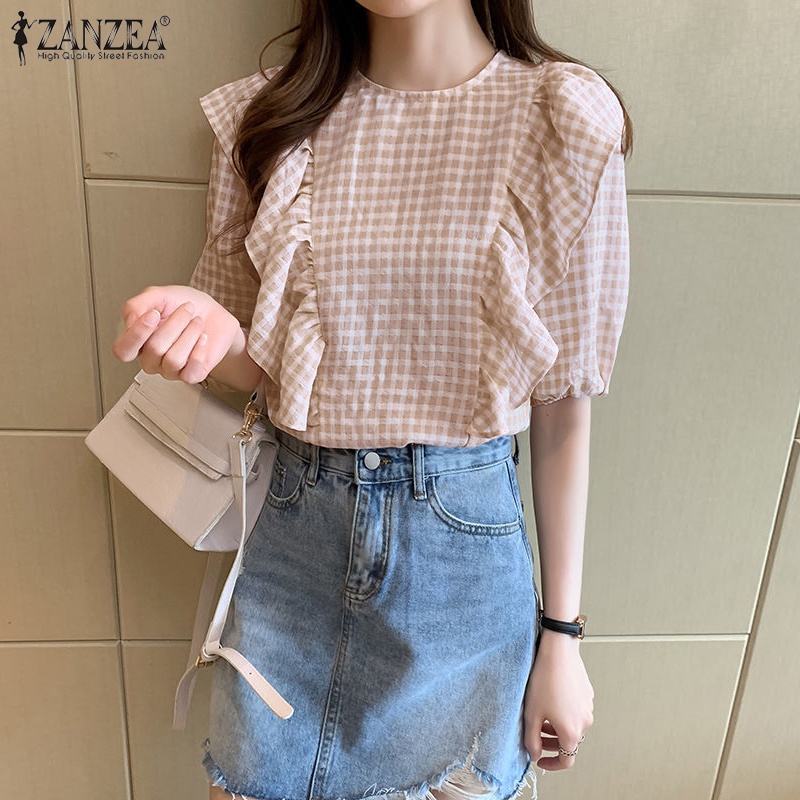 Zanzea Áo Sơ Mi Tay Lửng Cổ Tròn Họa Tiết Caro Phong Cách Hàn Quốc Thời Trang Cho Nữ