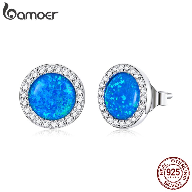 Khuyên Tai Bamoer Bse467 Bạc Thật 925 Đính Đá Opal Cz Tròn Xanh Lam Thời Trang Cưới Cho Nữ