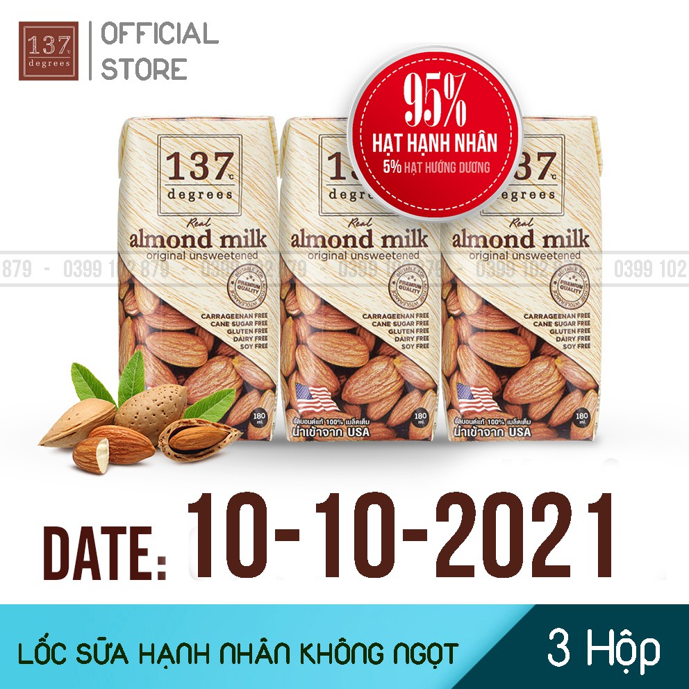 SALE Date Gần Sữa Hạt nguyên chất 137 Degrees - Lốc 3 Hộp 180ml