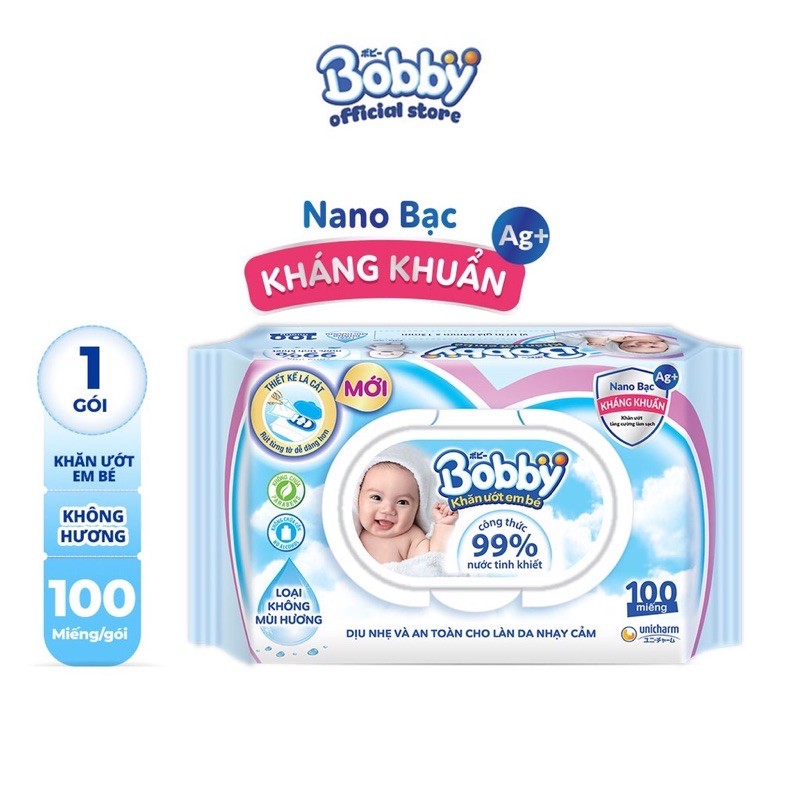 Khăn ướt Bobby không mùi 100 miếng ( Xanh )