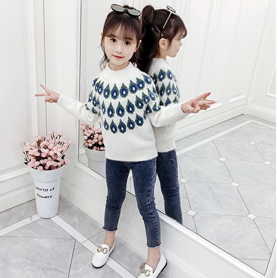 Áo len bé gái lớn họa tiết lông công siêu đáng yêu size 15-40kg [AL16]
