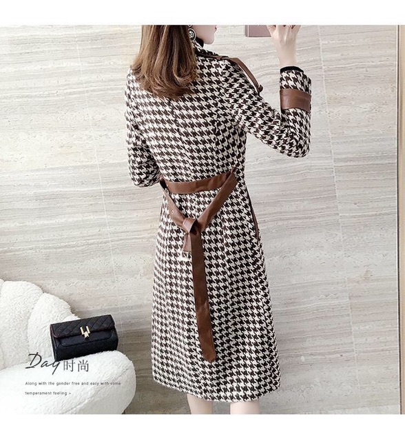 Áo khoác dạ phối viền da cao cấp thời trang thu đông quảng châu