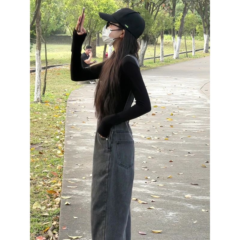 Quần Yếm Denim Dáng Rộng Xẻ Tà Lưng Cao Thời Trang Hàn Quốc Mới Cho Nữ