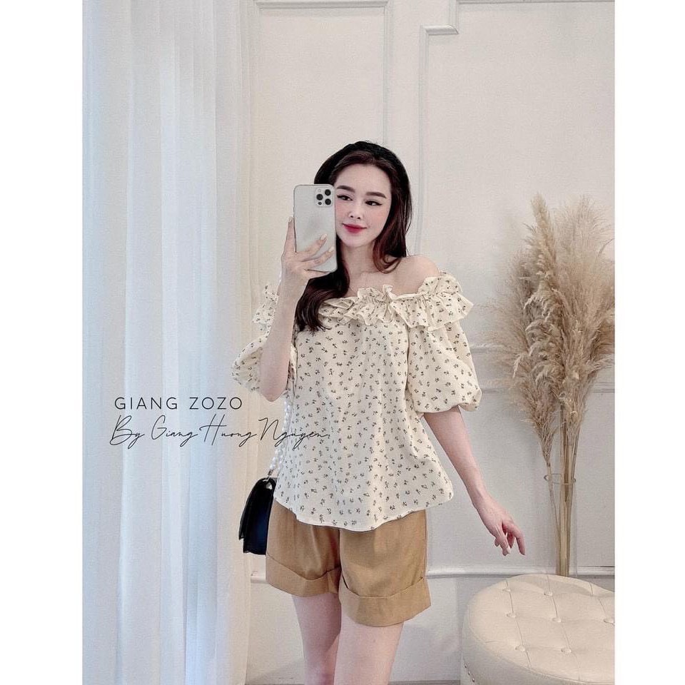 Sét đồ nữ, bộ đồ áo hoa Nhí trễ vai kèm quần kaki chun sau siêu chất kiểu dáng basic vintage