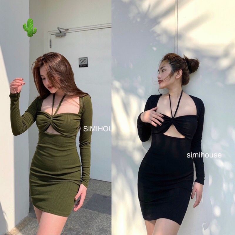 Đầm body mod ngực tay dài phối dây đeo cổ PC&amp;TV2