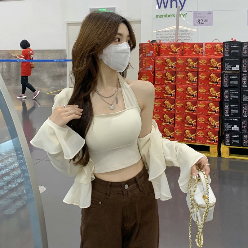 áo croptop set bộ áo hai dây trễ vai kiểu và áo khoác cardigan mỏng áo voan set yếm chống nắng phong cách mới mùa hè áo ren kiểu