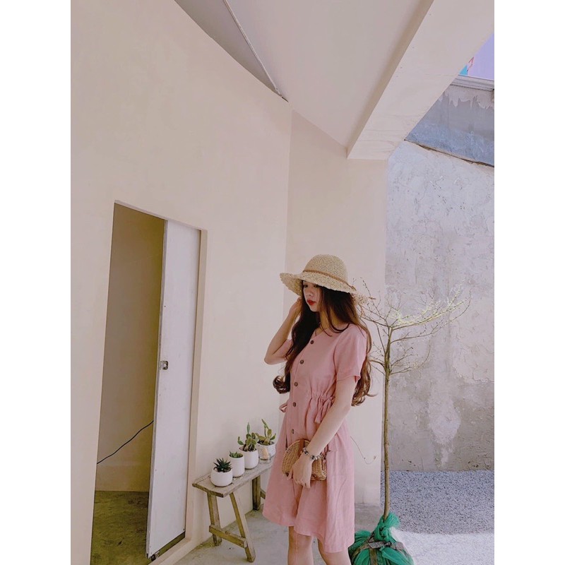 Đầm linen tưng rút dây eo