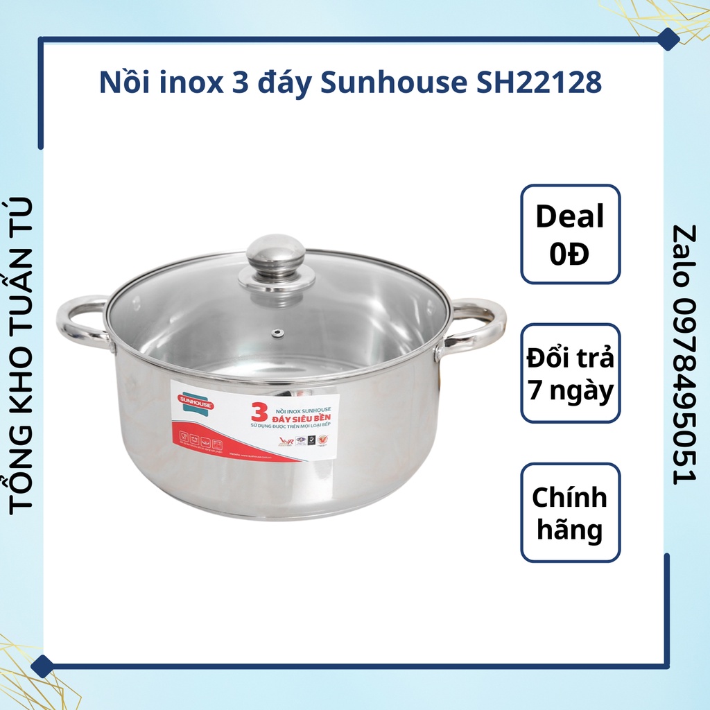 GIÁ RẺ NHẤT_Nồi inox 3 đáy Sunhouse SH22128 28cm chịu nhiệt tốt nắp kính trong suốt cao cấp