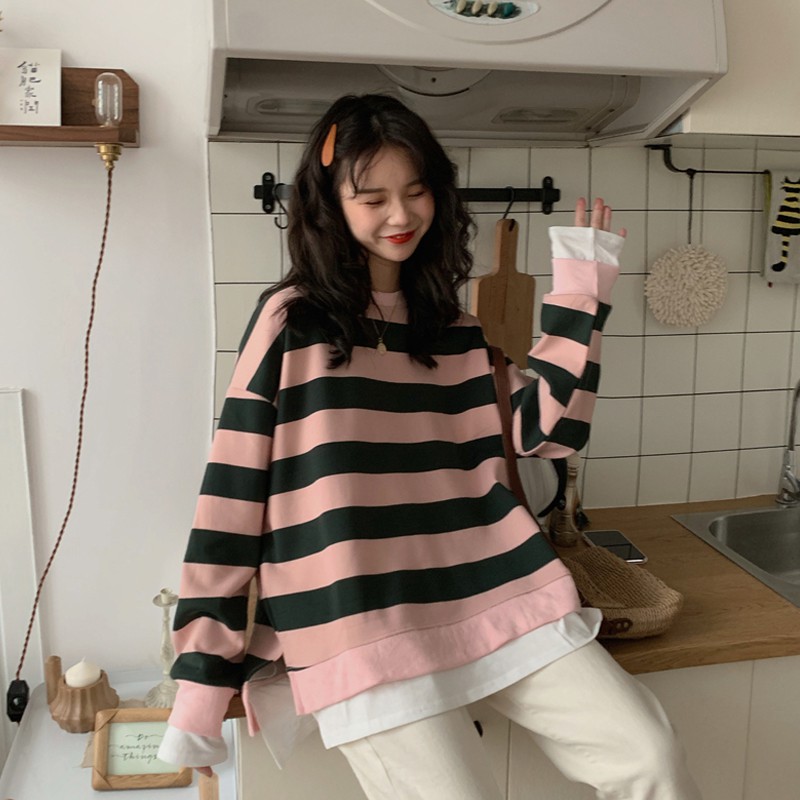 Áo sweater kẻ ngang phối vạt pull trắng