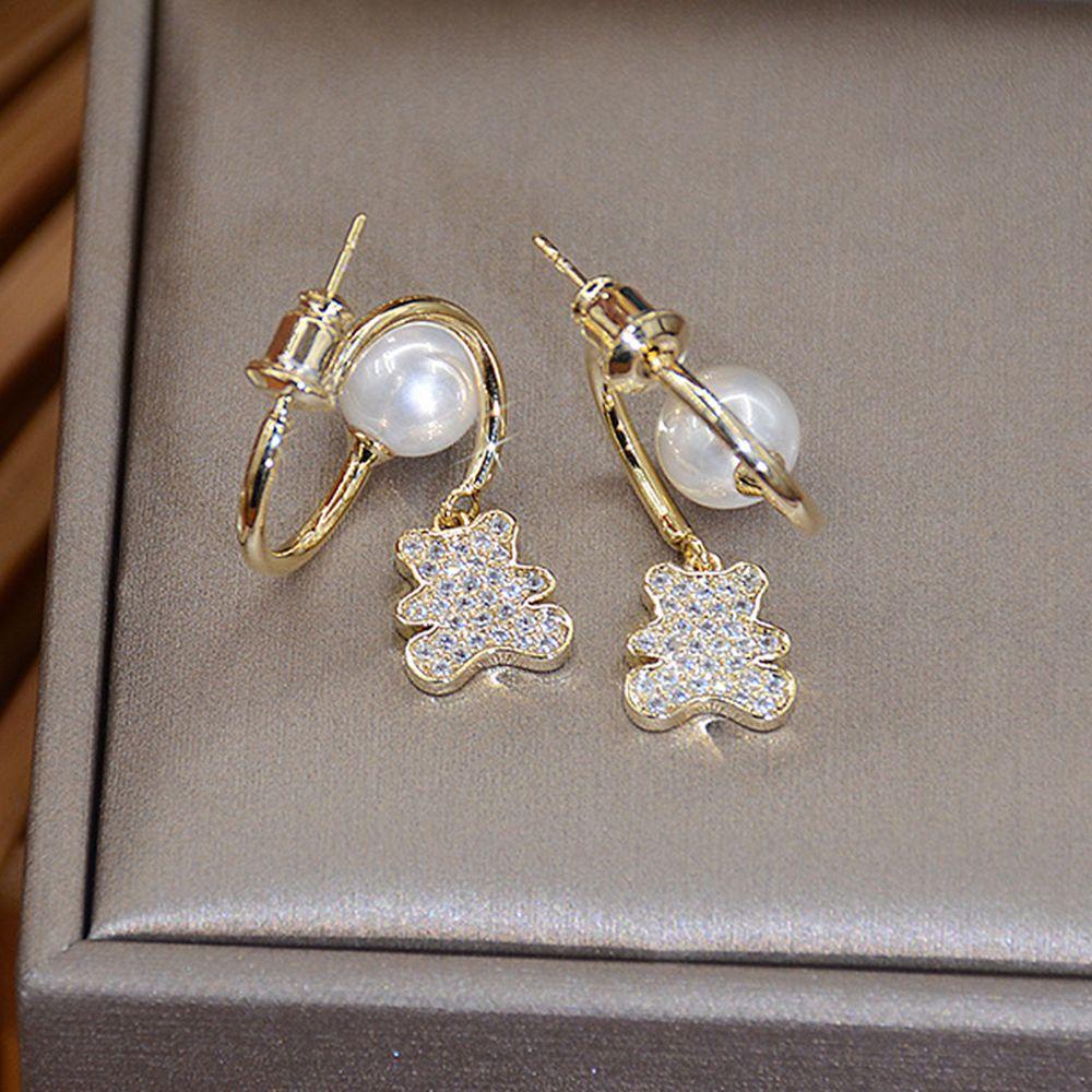 Bông Tai Hình Gấu Đính Kim Cương Giả Tinh Tế Cho Nữ|Khuyên Tai Ngọc Trai Nơ