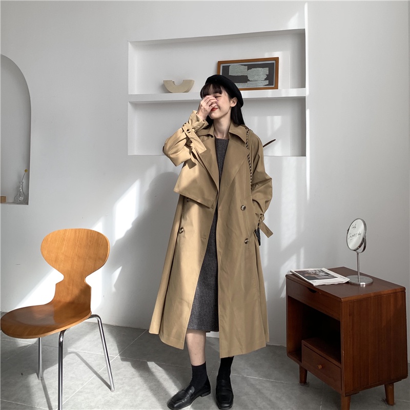Áo mangto nữ dáng dài, áo khoác có dây buộc eo chất vải không nhăn phong cách Hàn Quốc 2021