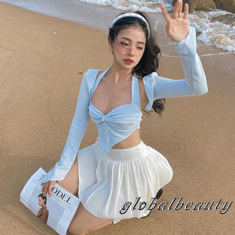 Gb Áo Croptop Không Tay Cổ Khoét Sâu Cột Dây Đính Ngọc Trai Giả Màu Xanh Dương Viền Tam Giác Trang Trí Cho Nữ