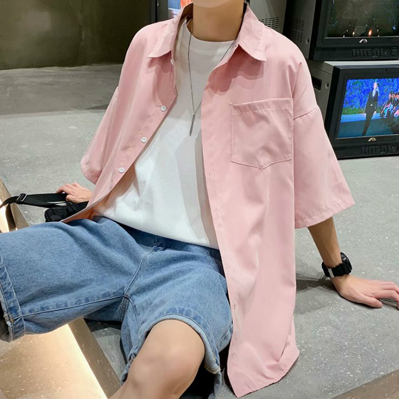 Áo Sơ Mi Trơn Tay Ngắn Dáng Rộng Thời Trang Dành Cho Nam Giới